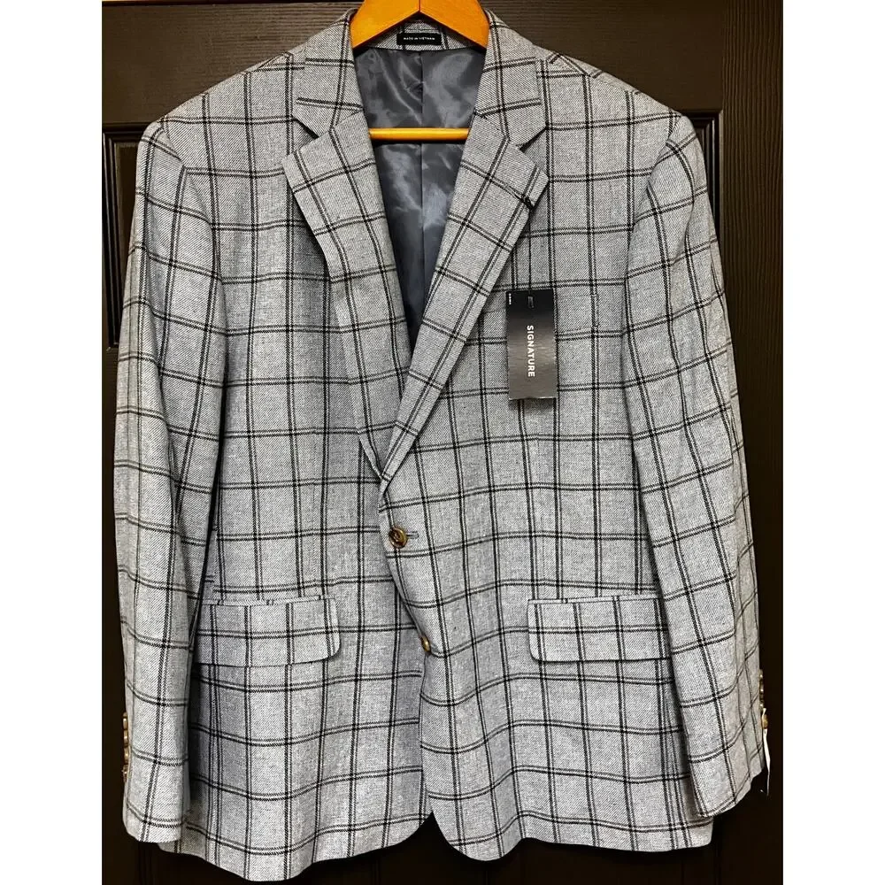 Stafford‎ Signature Mens Sport Coat 46 Short Blue Windowpane Linen Blend NWT